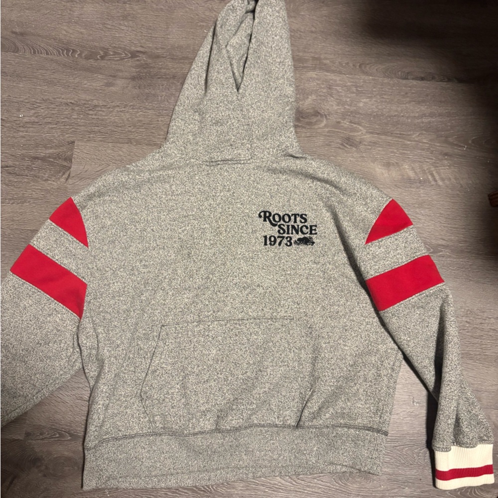 Roots Cabin Gray Hoodie with Red Accents
